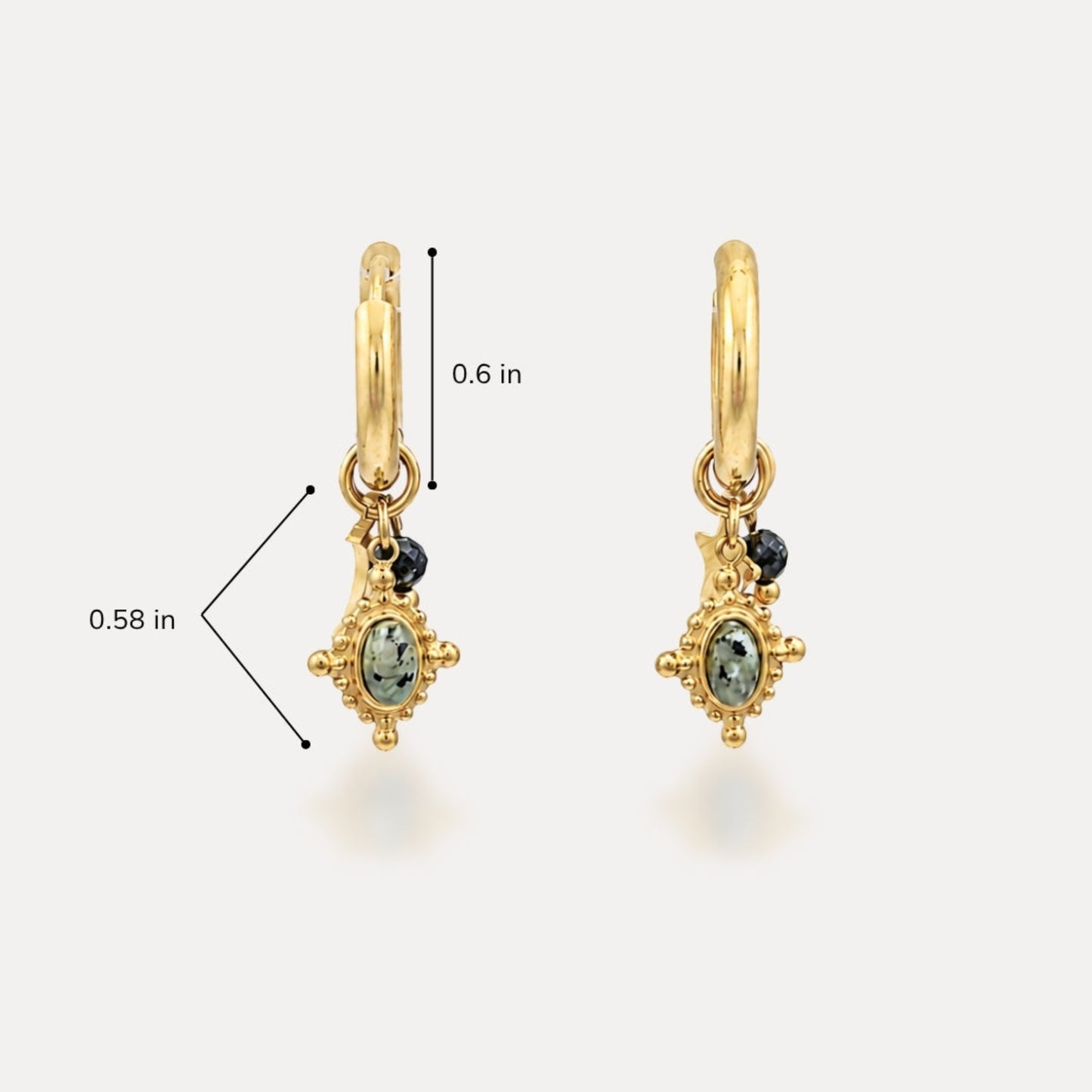 Natural stone charm hoop earrings with 0.6 inch hoop and 0.58 inch charm drop