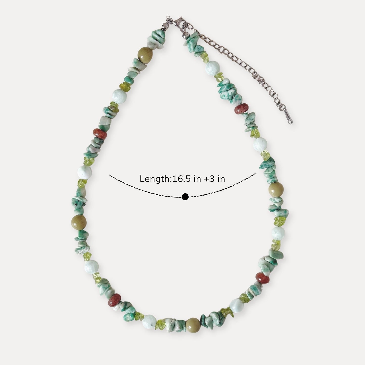 Green mixed stone necklace shown with 16.5 inch length and 3 inch extender.