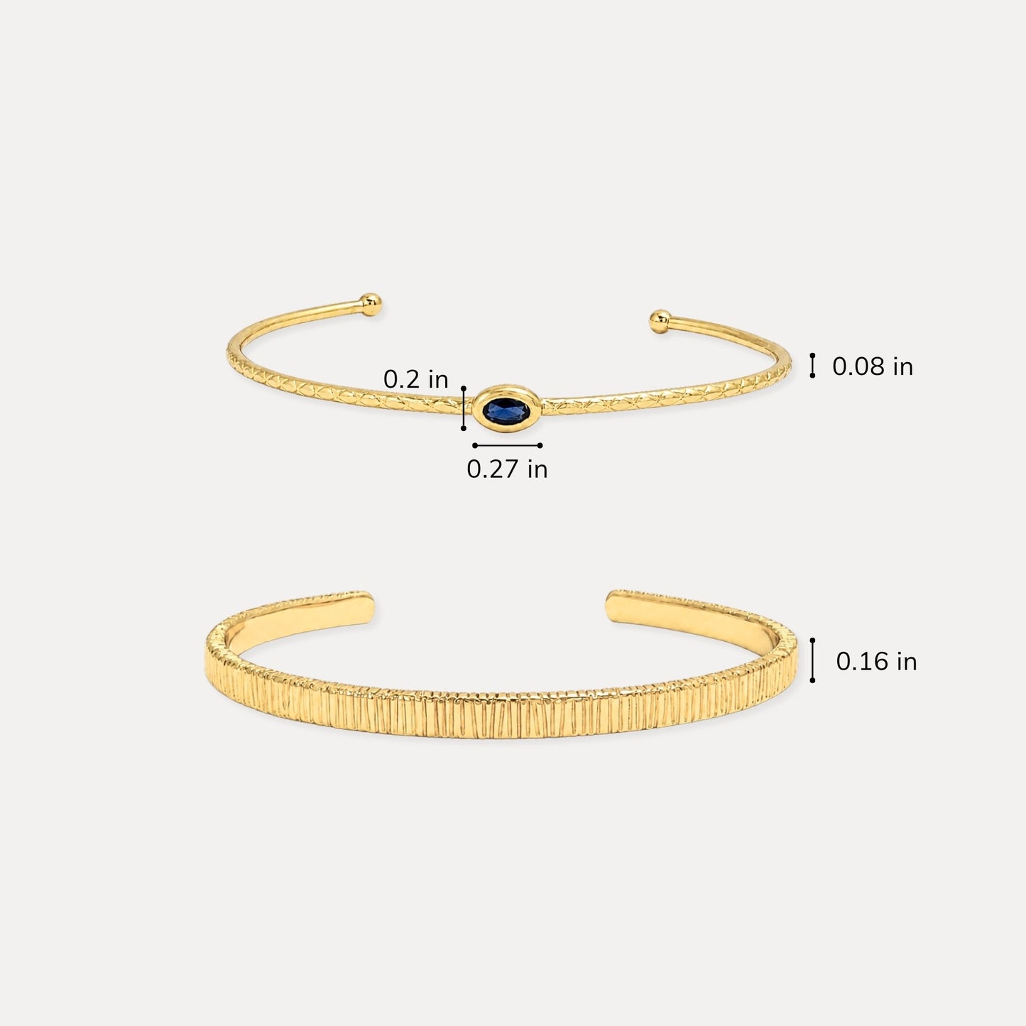 Gold plated cuff bracelet set with blue CZ accent and width measurements