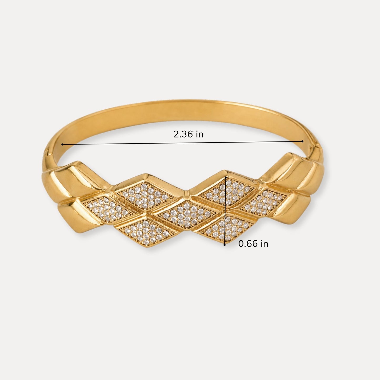 Woven CZ Bangle size guide showing approximately 2.36 inch inner width and 0.66 inch geometric front detail