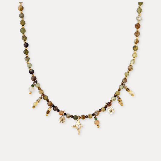 Green natural stone charm necklace with tiger eye beads and 18k gold plated brass accents