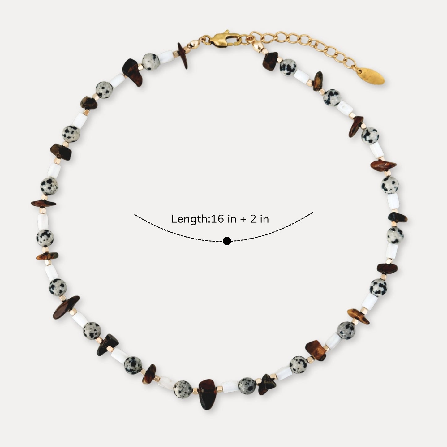 Tiger eye and shell necklace shown with 16 inch length and 2 inch extender.