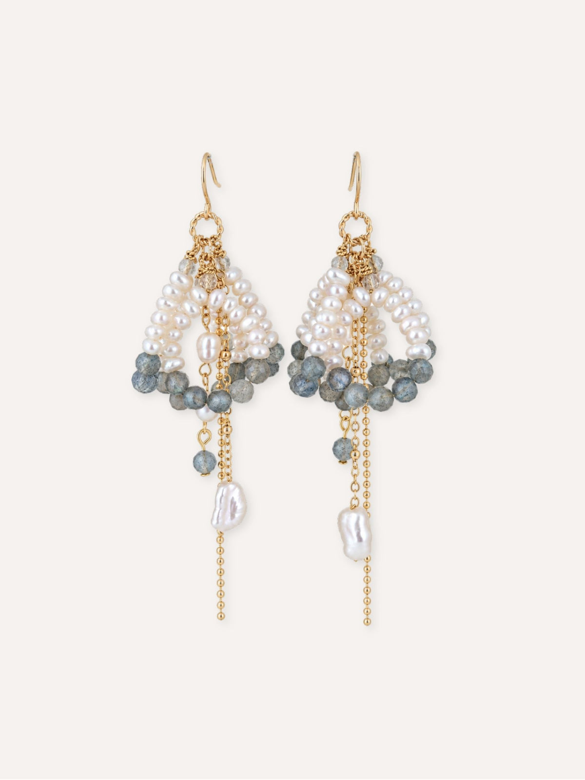 Pair of Arc freshwater pearl and labradorite earrings with layered loops and delicate gold-tone chains.