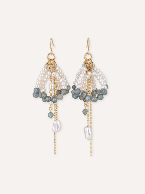 Pair of Arc freshwater pearl and labradorite earrings with layered loops and delicate gold-tone chains.