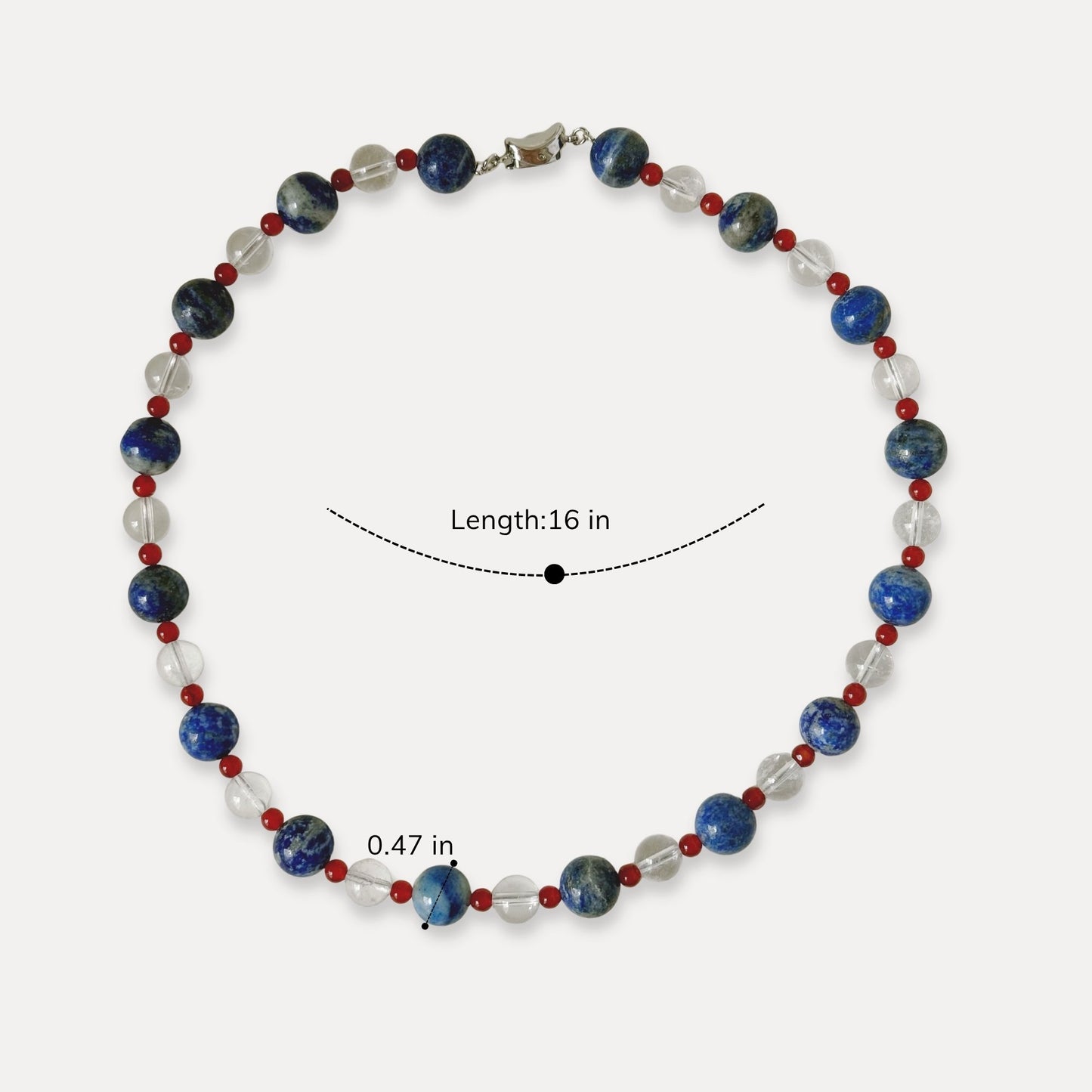 Natural stone necklace shown with a 16 inch length and bead size reference.