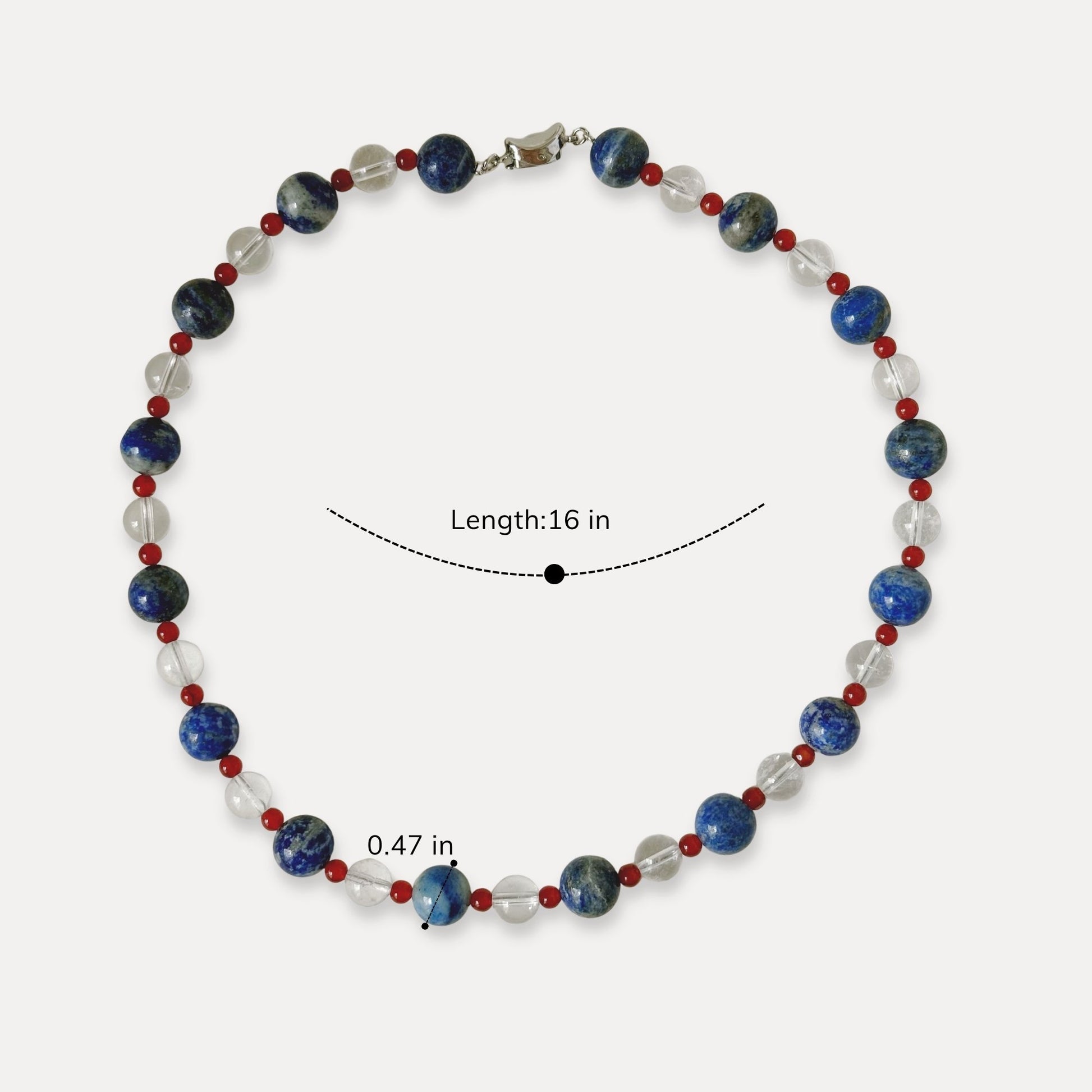 Natural stone necklace shown with a 16 inch length and bead size reference.