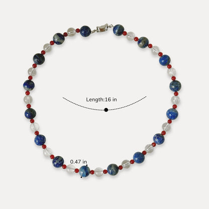 Natural stone necklace shown with a 16 inch length and bead size reference.
