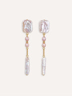 Pair of Cadence baroque pearl drop earrings with pink freshwater pearls and fine gold-filled chains.