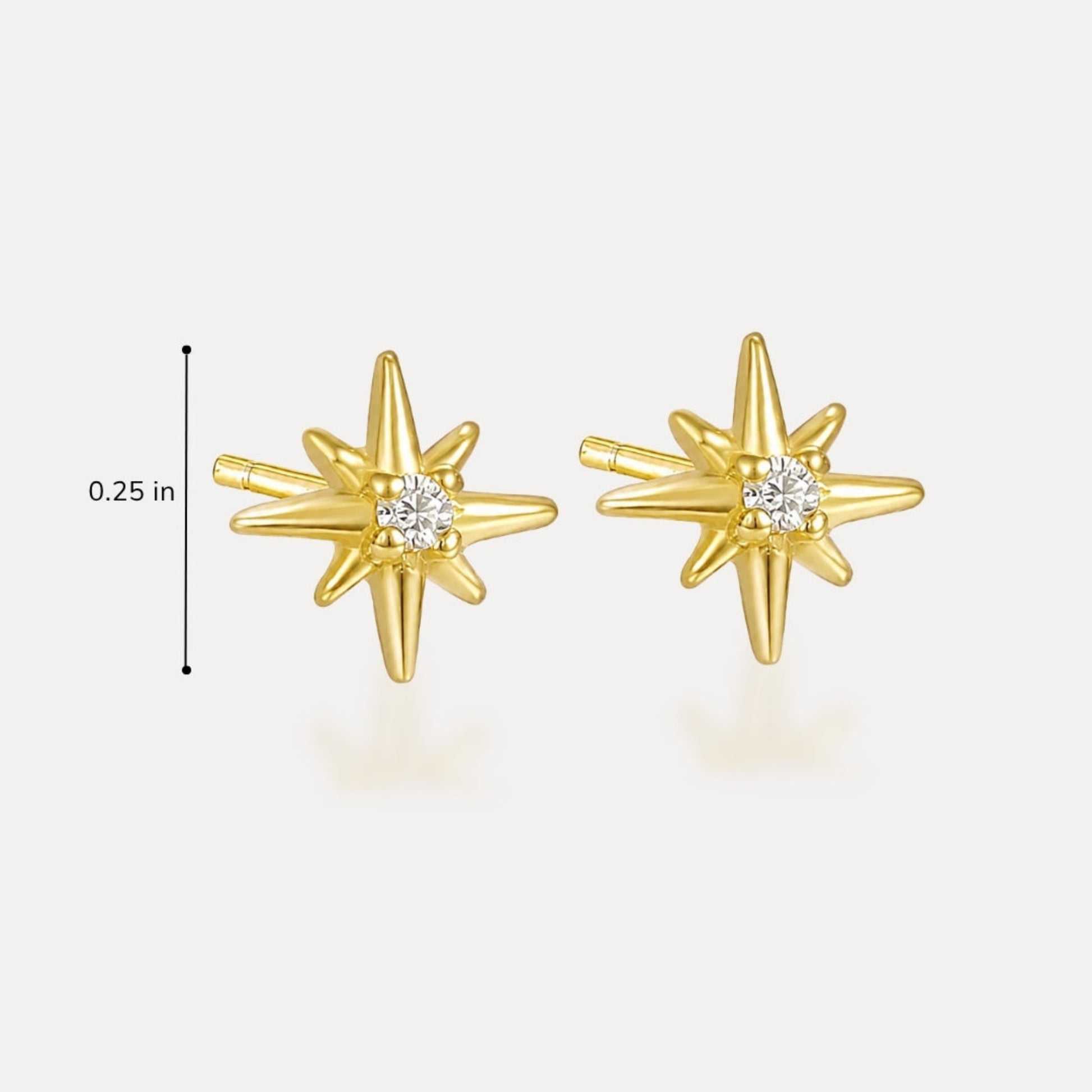 Small starburst stud earrings measuring 0.25 inch