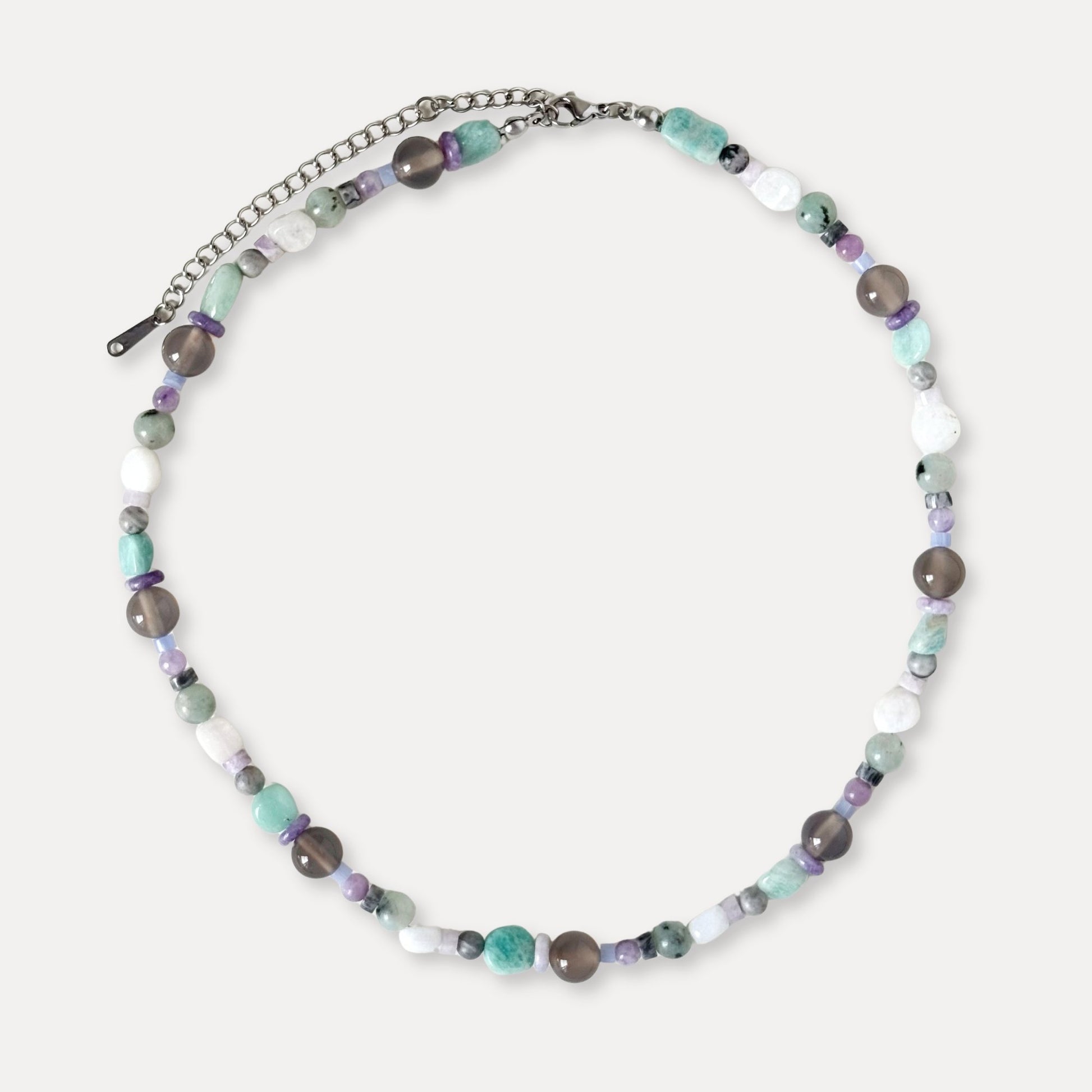 Blue-gray mixed stone and freshwater pearl necklace with stainless steel hardware.