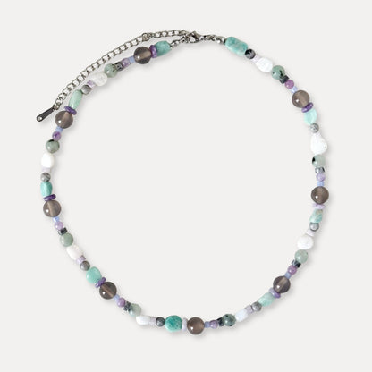Blue-gray mixed stone and freshwater pearl necklace with stainless steel hardware.