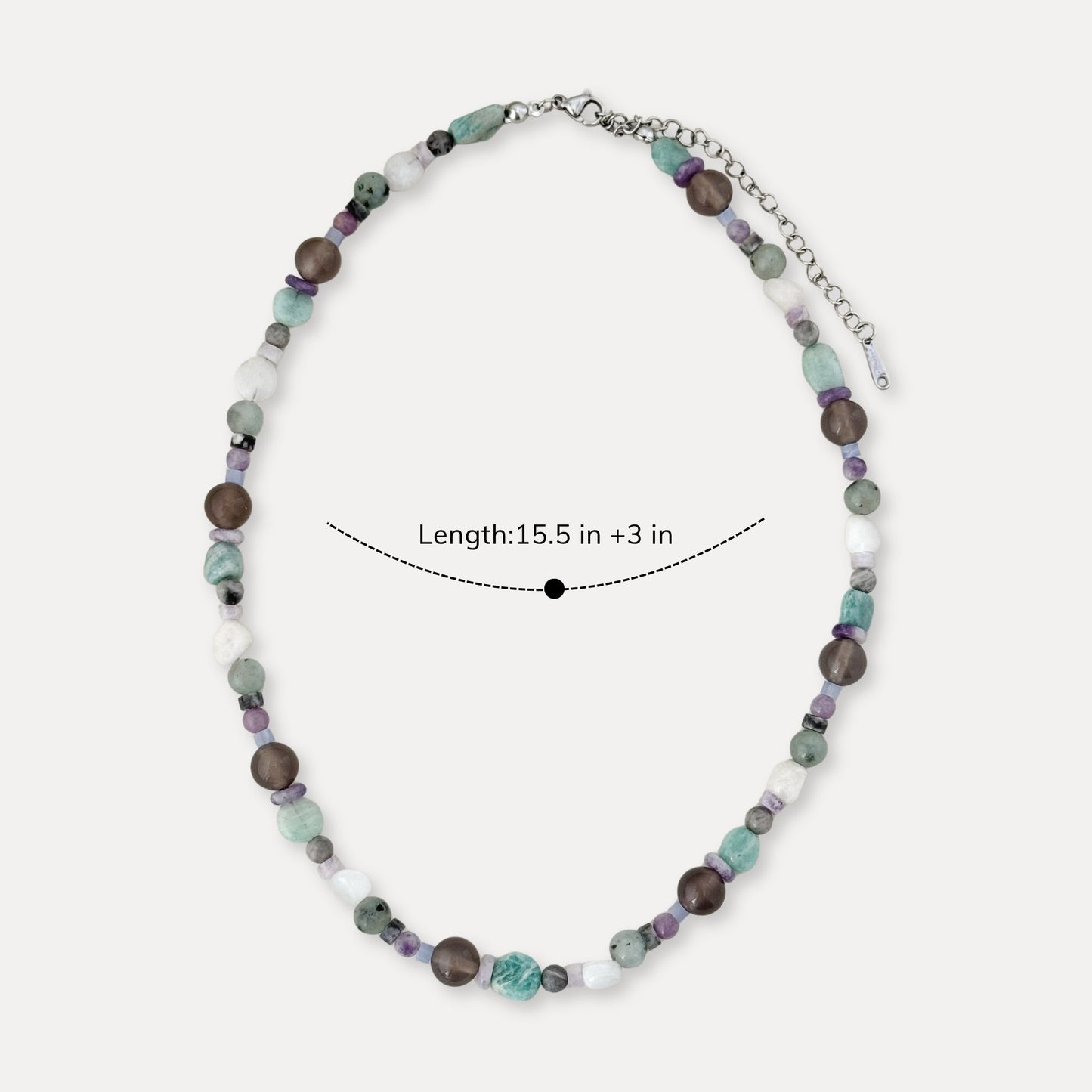 Mixed stone and pearl necklace shown with 15.5 inch length and 3 inch extender.