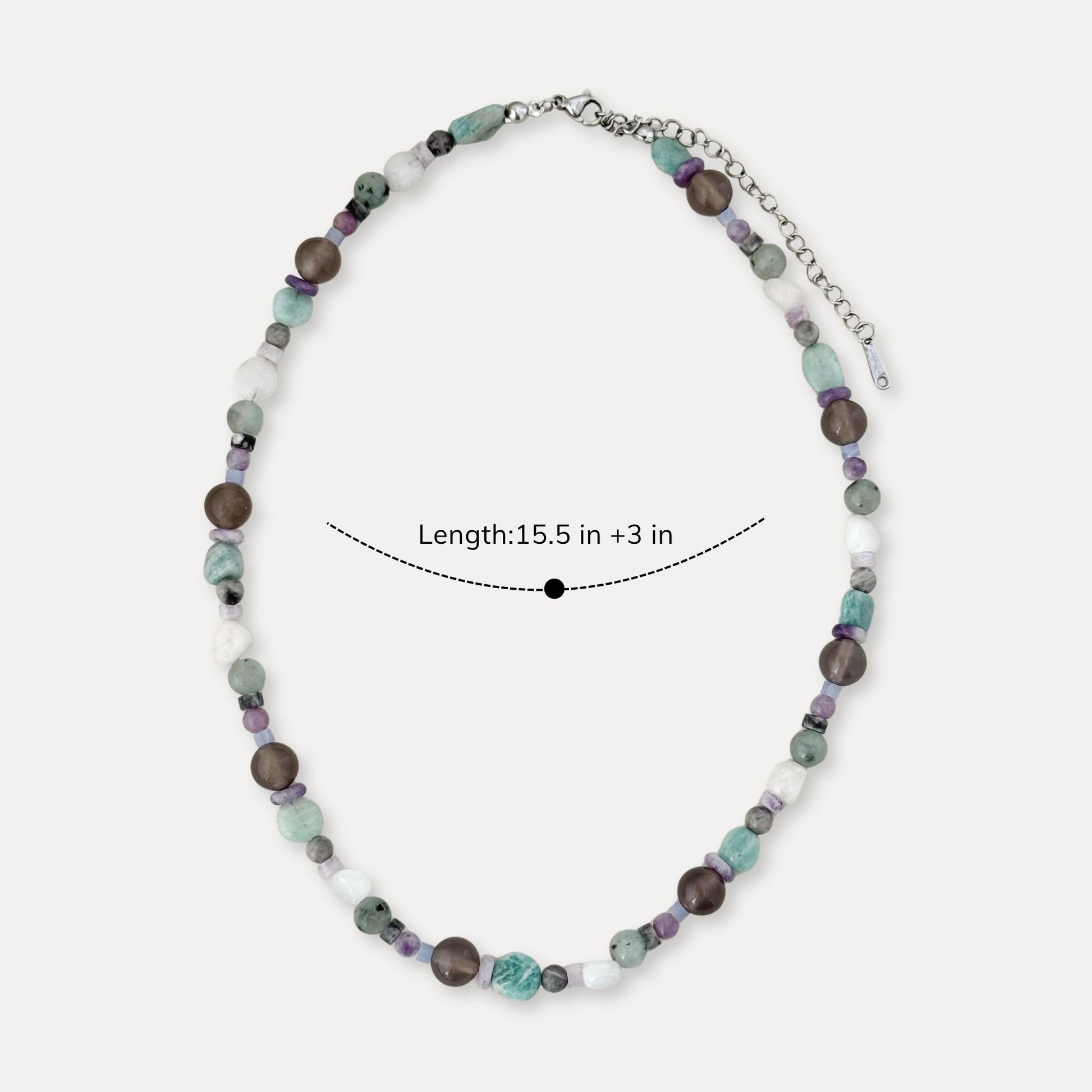 Mixed stone and pearl necklace shown with 15.5 inch length and 3 inch extender.