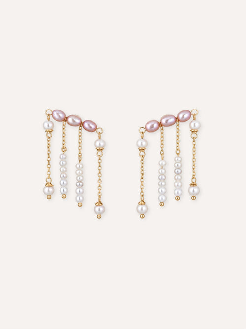 Pair of Contour freshwater pearl ear climber earrings with pink pearls and multiple dangling pearl strands.