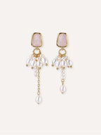 Pair of Drape freshwater pearl earrings with natural mother-of-pearl studs, clustered pearl details and asymmetric drops.
