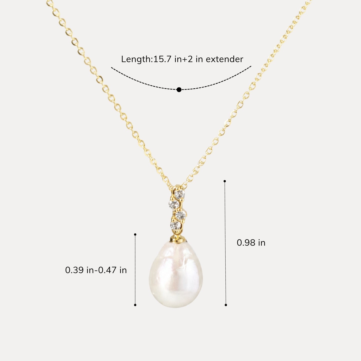 Elara baroque pearl pendant necklace size guide showing adjustable chain length and pendant dimensions