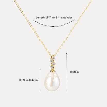 Elara baroque pearl pendant necklace size guide showing adjustable chain length and pendant dimensions