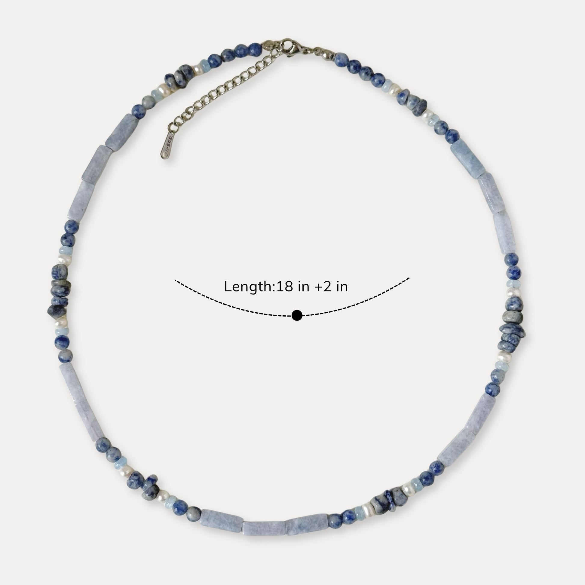 Adjustable blue-gray agate and pearl necklace shown with an 18 inch length and 2 inch extender.