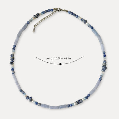 Adjustable blue-gray agate and pearl necklace shown with an 18 inch length and 2 inch extender.