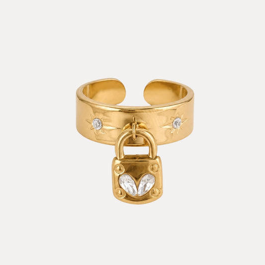 Gold Keepsake Heart Lock Ring with wide band, clear cubic zirconia accents and dangling lock charm