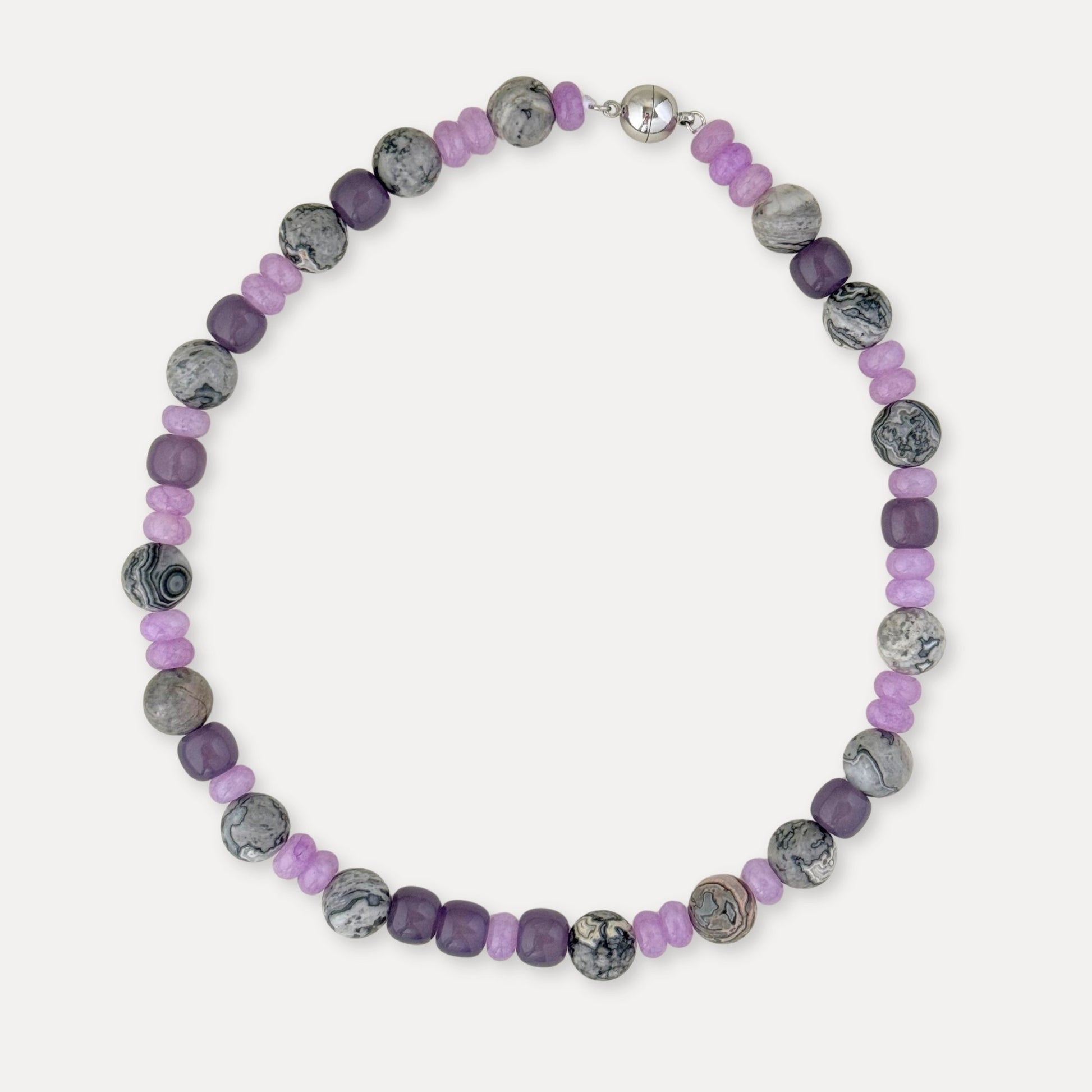 Purple quartzite and map stone beaded necklace with silver-tone clasp.