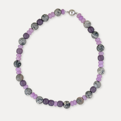 Purple quartzite and map stone beaded necklace with silver-tone clasp.