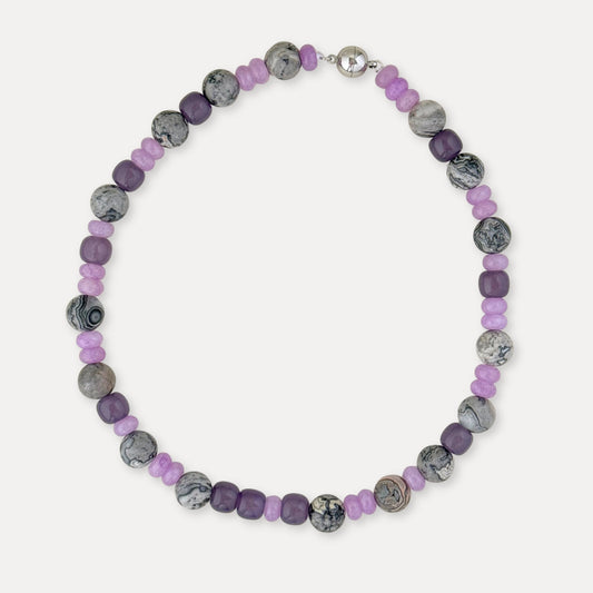 Purple quartzite and map stone beaded necklace with silver-tone clasp.