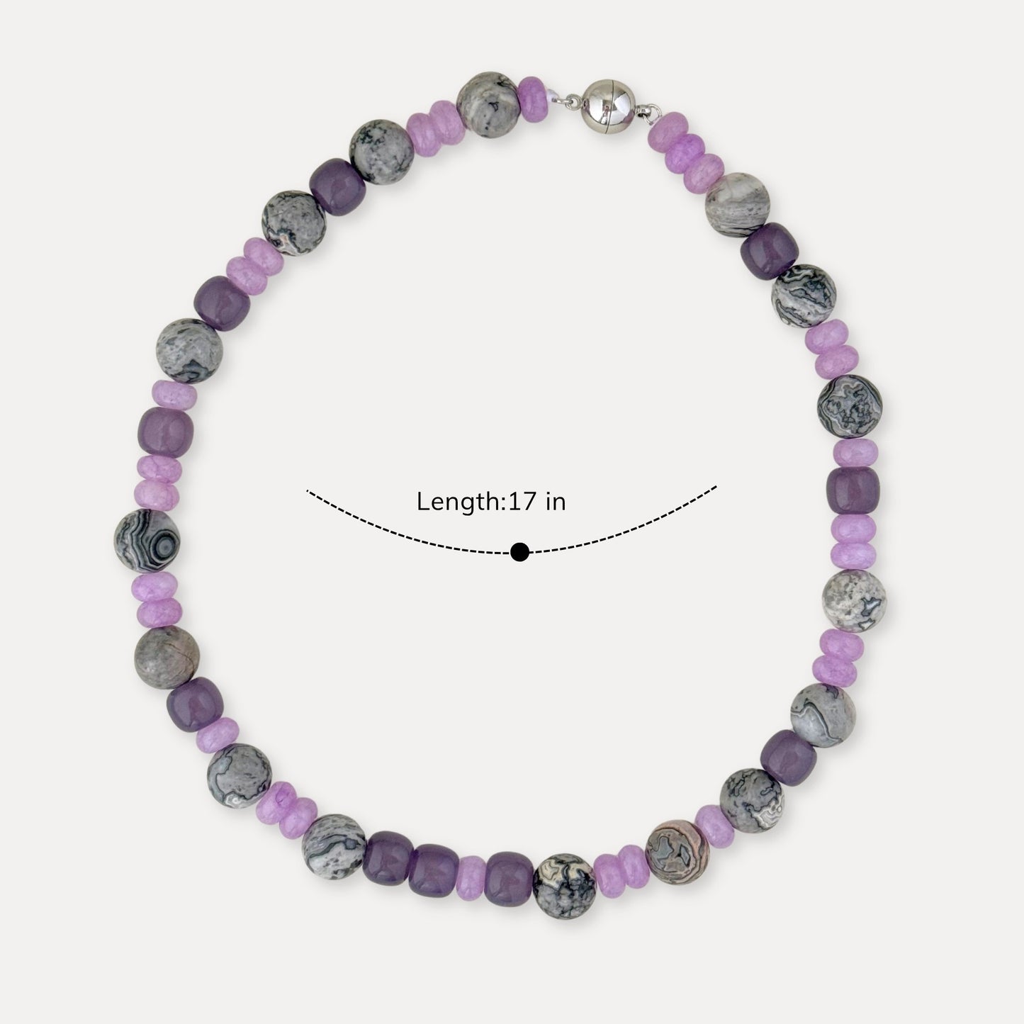Purple stone beaded necklace shown with 17 inch length.