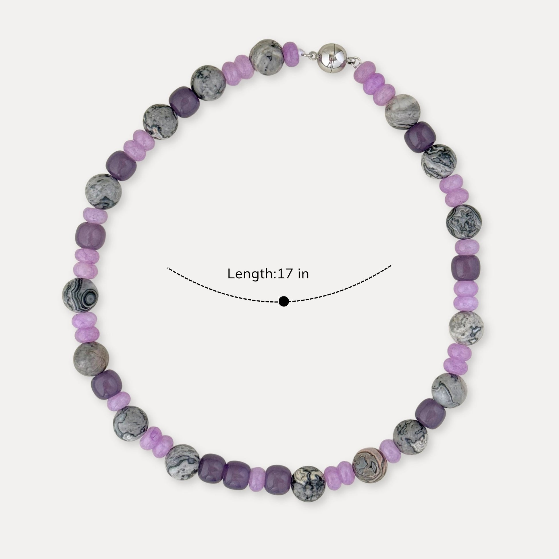 Purple stone beaded necklace shown with 17 inch length.