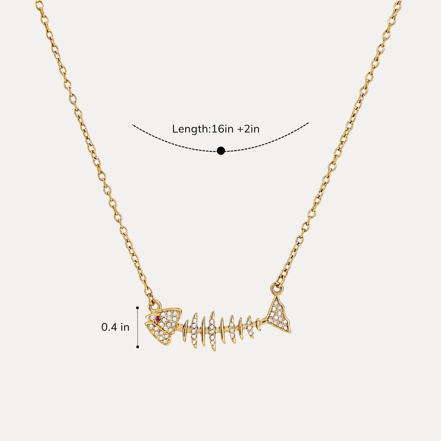 Size guide showing a 16 inch necklace with a 2 inch extender and a 0.4 inch charm detail.