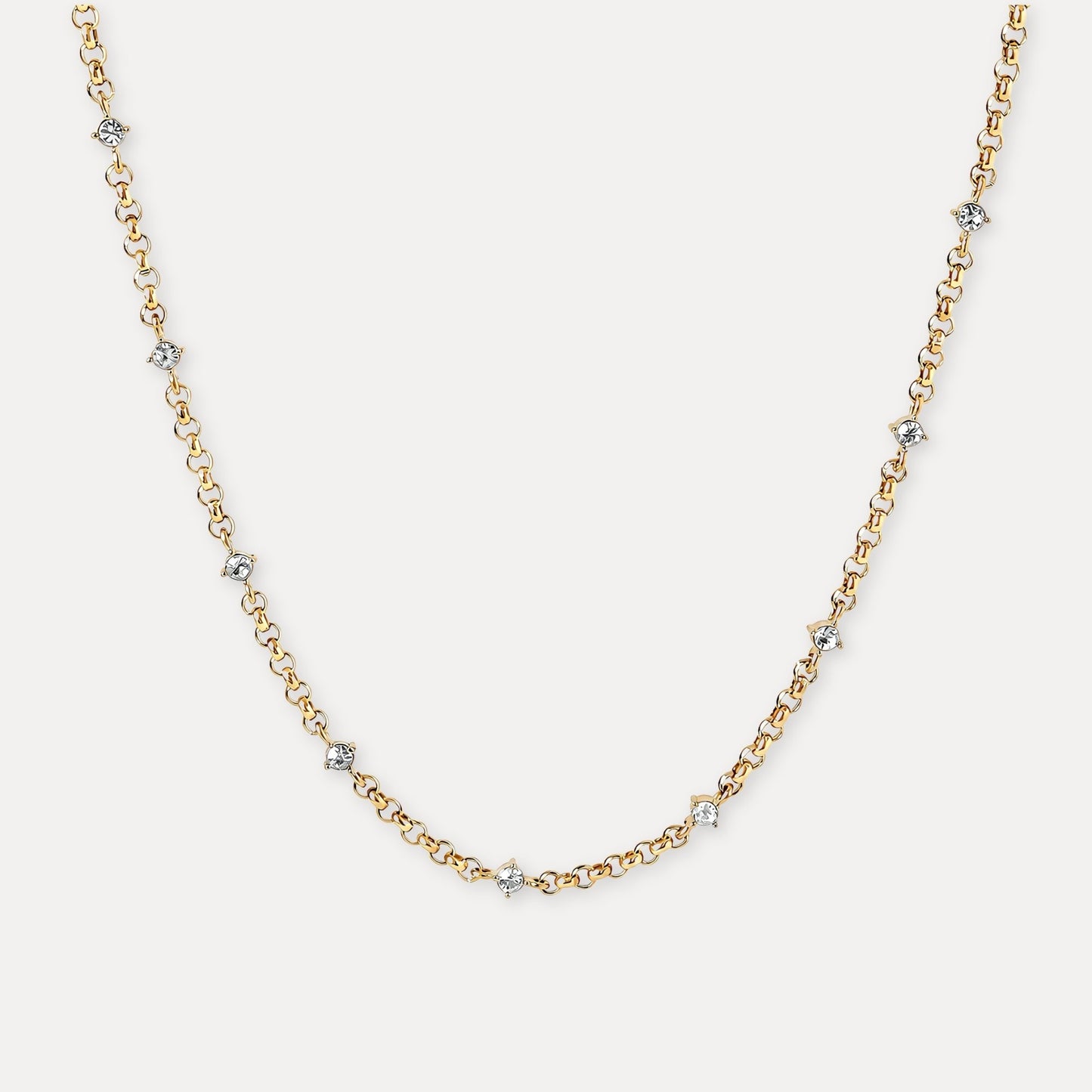 Gold zircon chain necklace with small clear stones and 18k gold-plated stainless steel chain.
