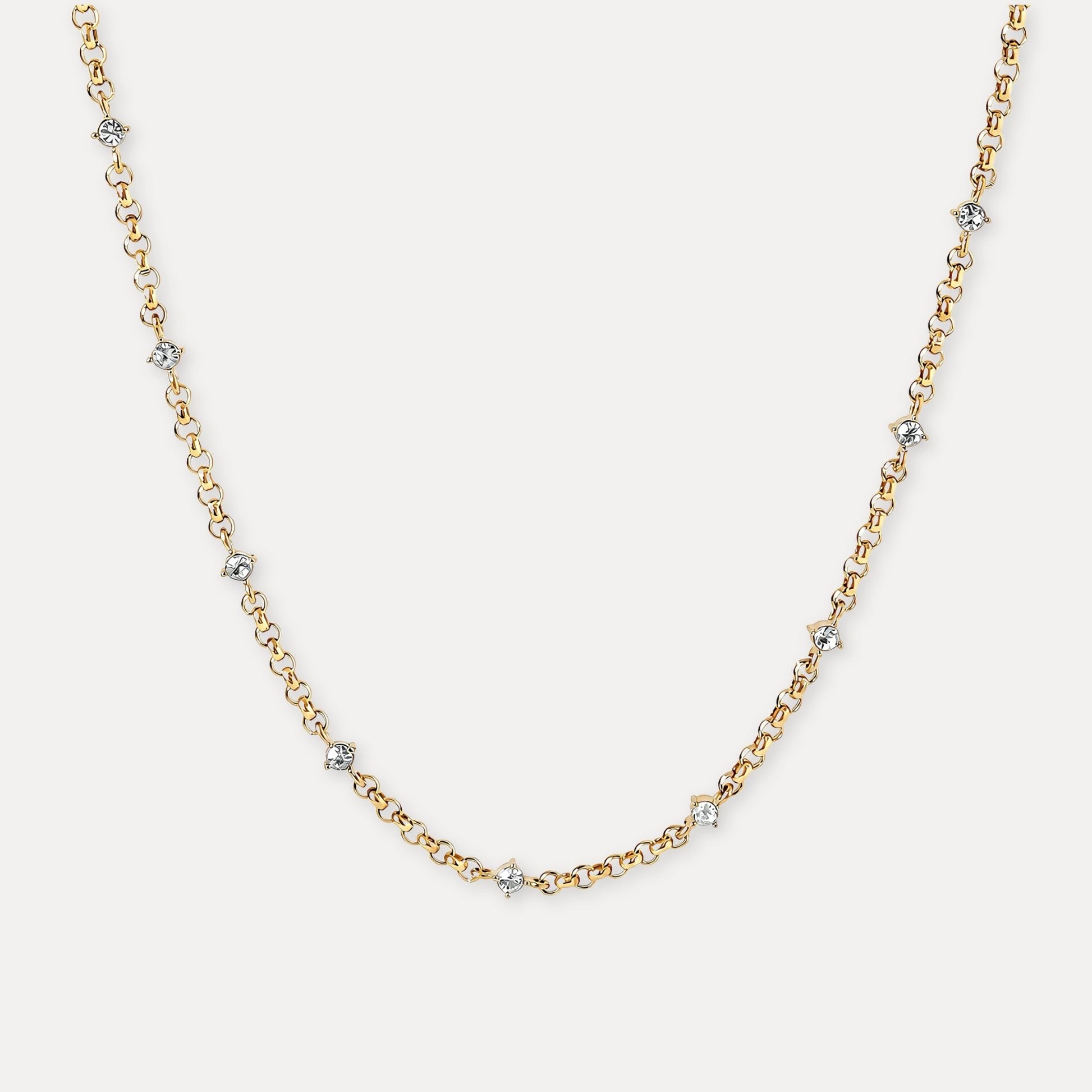 Gold zircon chain necklace with small clear stones and 18k gold-plated stainless steel chain.