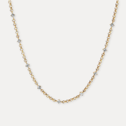 Gold zircon chain necklace with small clear stones and 18k gold-plated stainless steel chain.