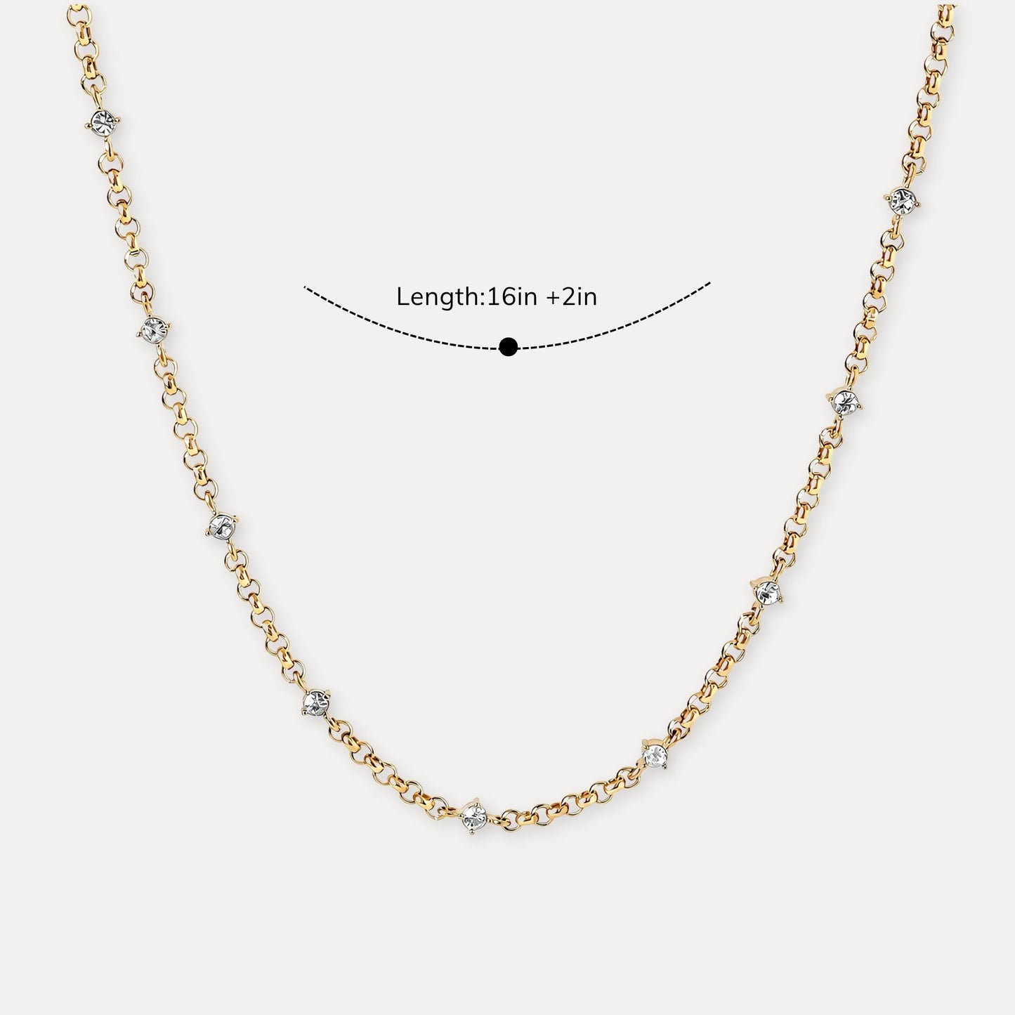 Gold zircon chain necklace shown with 16 inch length and 2 inch extender.