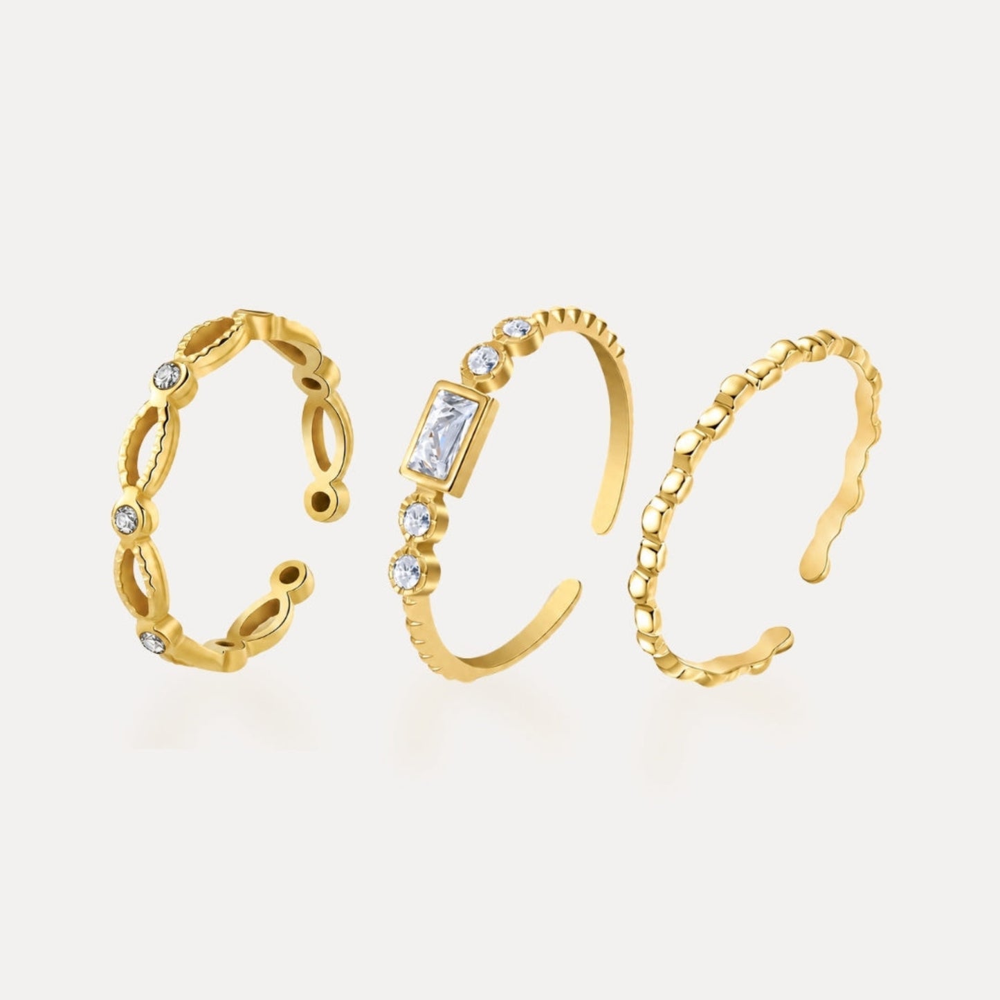 3-piece gold open ring set in 18k gold-plated stainless steel
