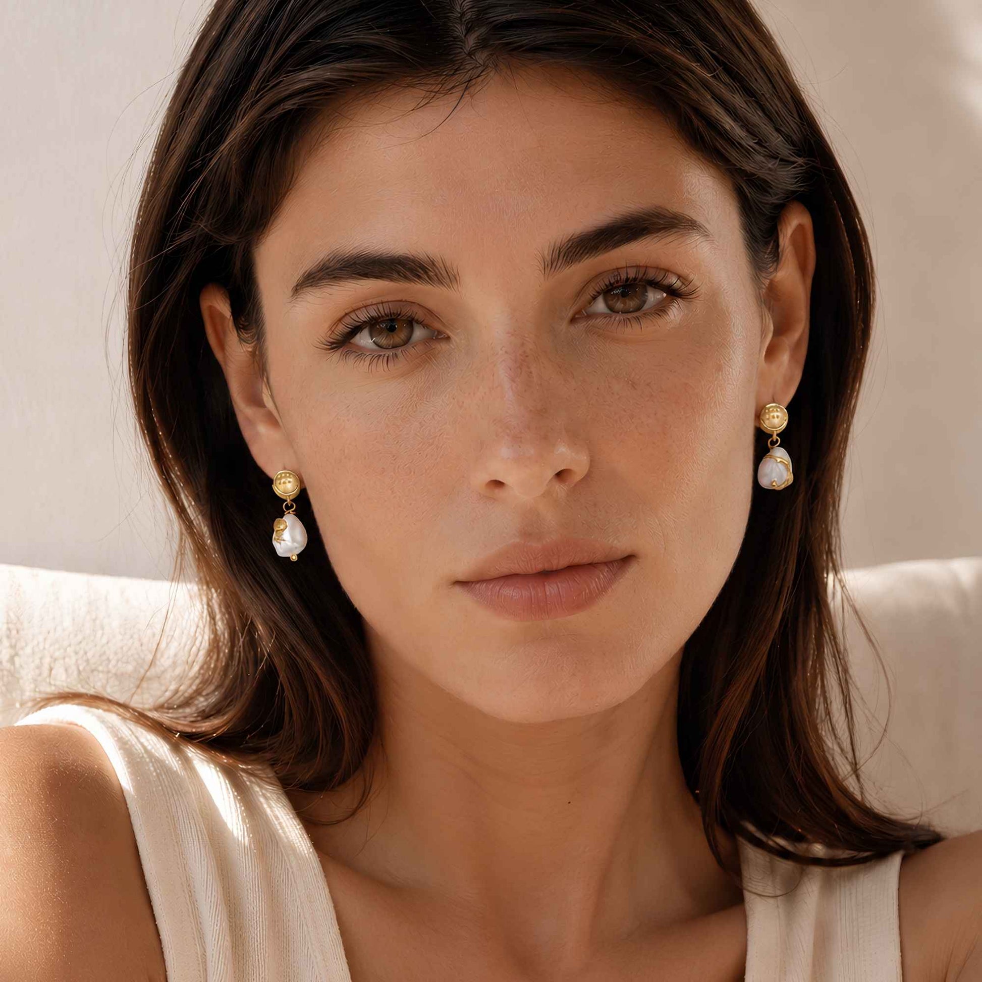 Organic pearl drop earrings styled with a white linen shirt
