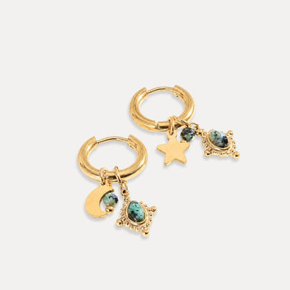 Waterproof gold hoop earrings with natural stone star and moon charms