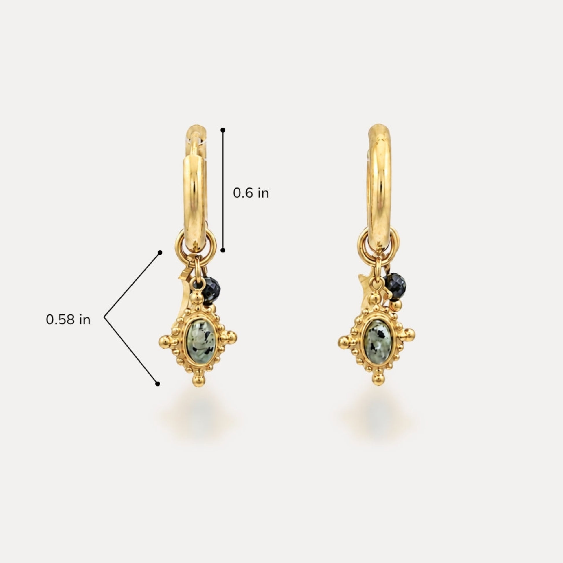 Natural stone charm hoop earrings with 0.6 inch hoop and 0.58 inch charm drop