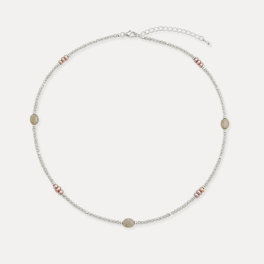 Gray labradorite and freshwater pearl beaded necklace with silver-tone details