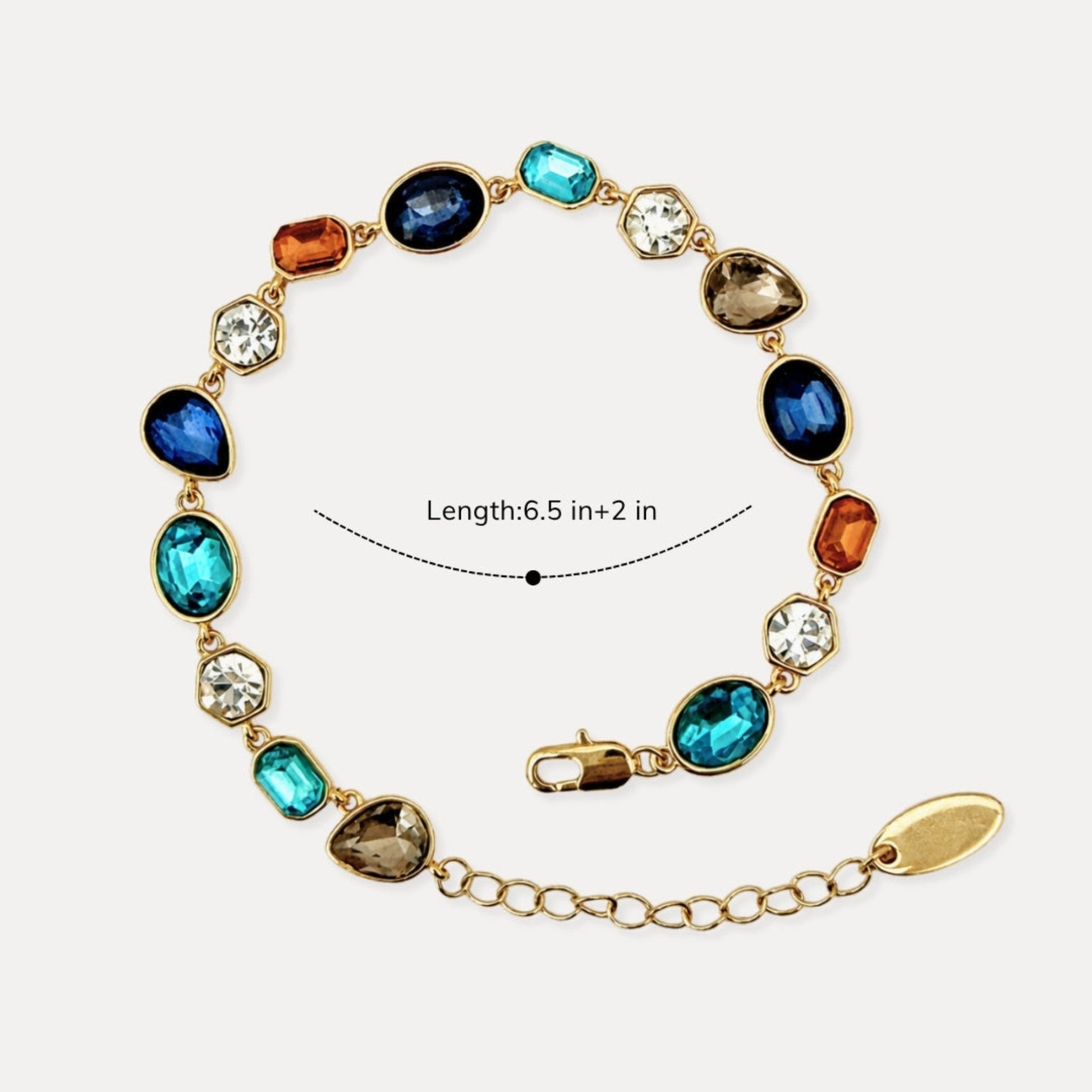 Colorful glass bracelet measuring 6.5 inches with 2 inch extender