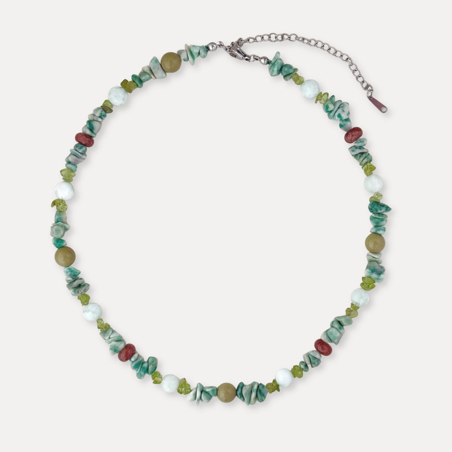 Green-brown mixed stone and apatite necklace with stainless steel hardware.