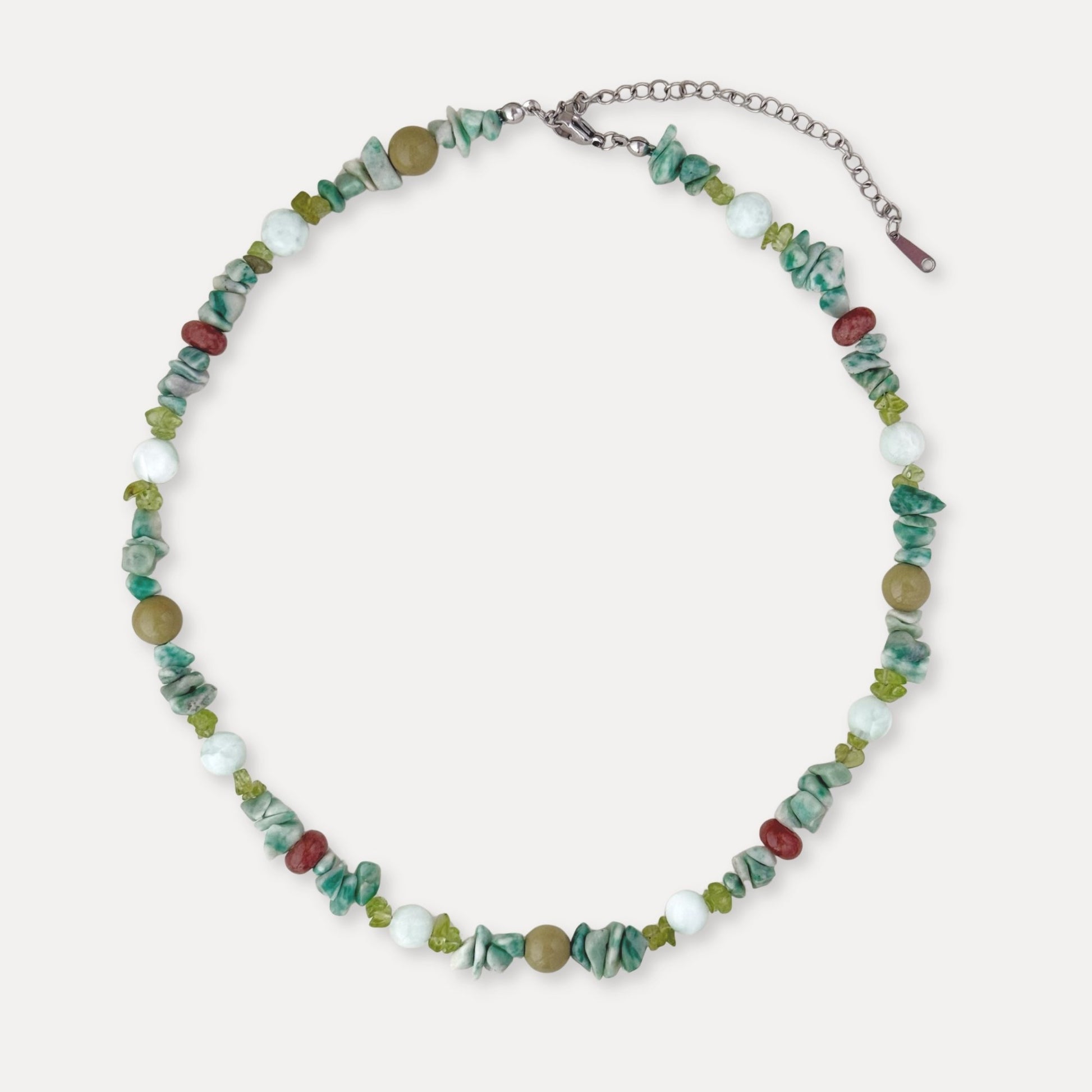 Green-brown mixed stone and apatite necklace with stainless steel hardware.