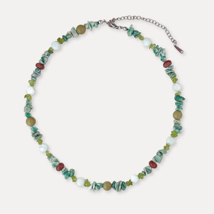 Green-brown mixed stone and apatite necklace with stainless steel hardware.
