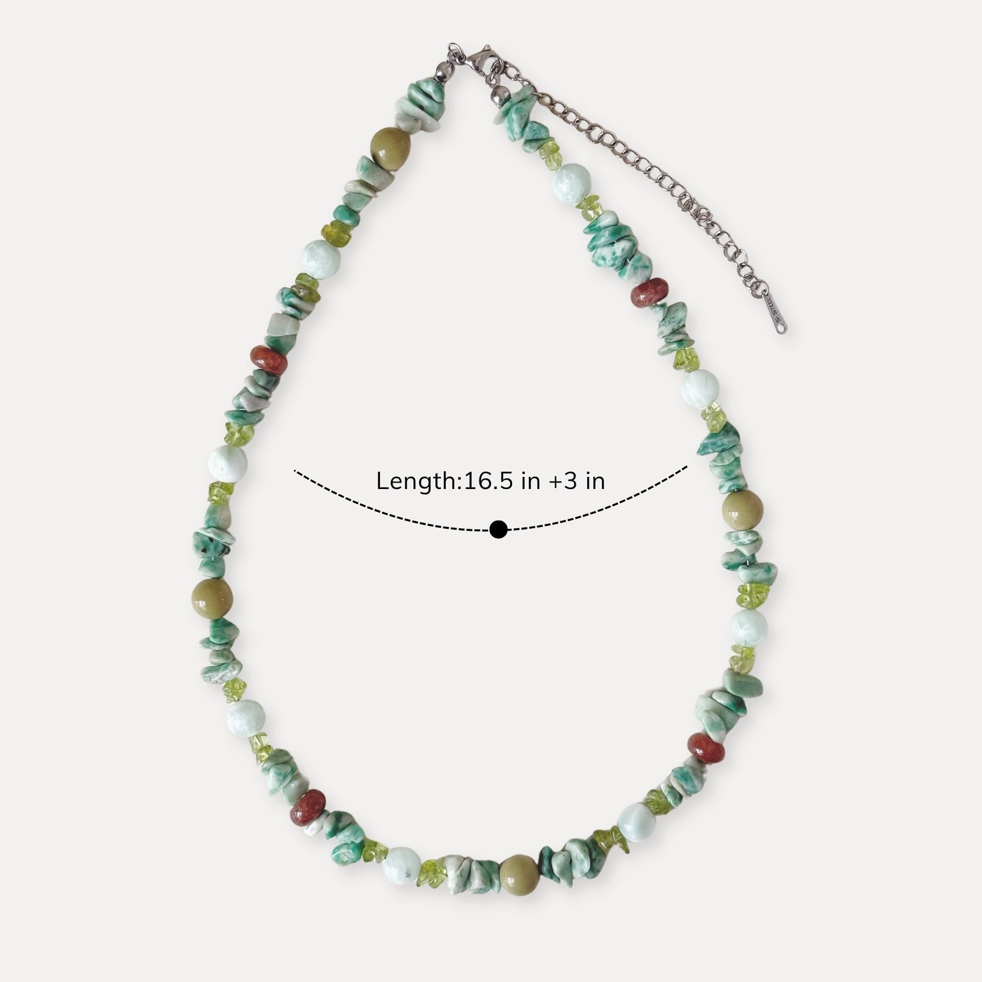 Green mixed stone necklace shown with 16.5 inch length and 3 inch extender.