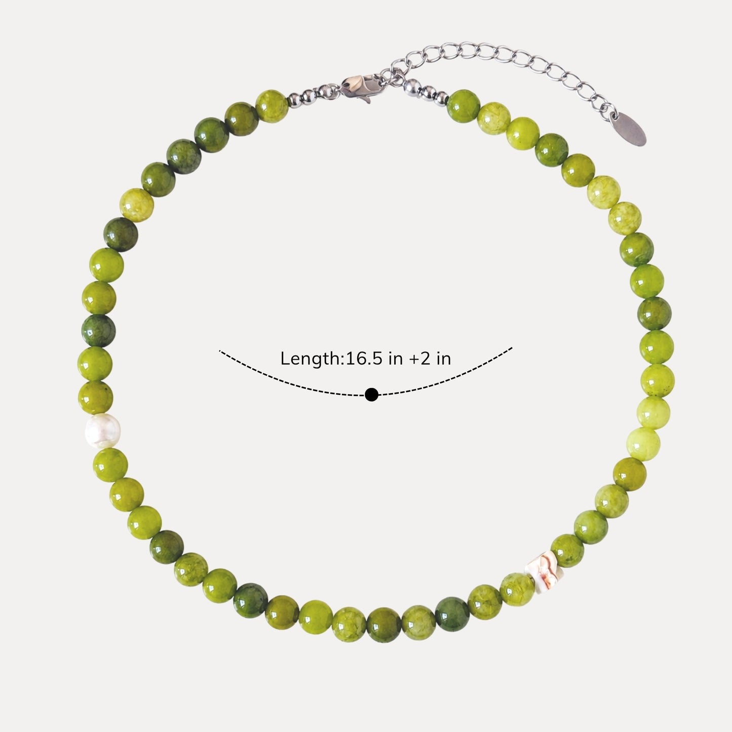 Olive green stone necklace shown with 16.5 inch length and 2 inch extender.