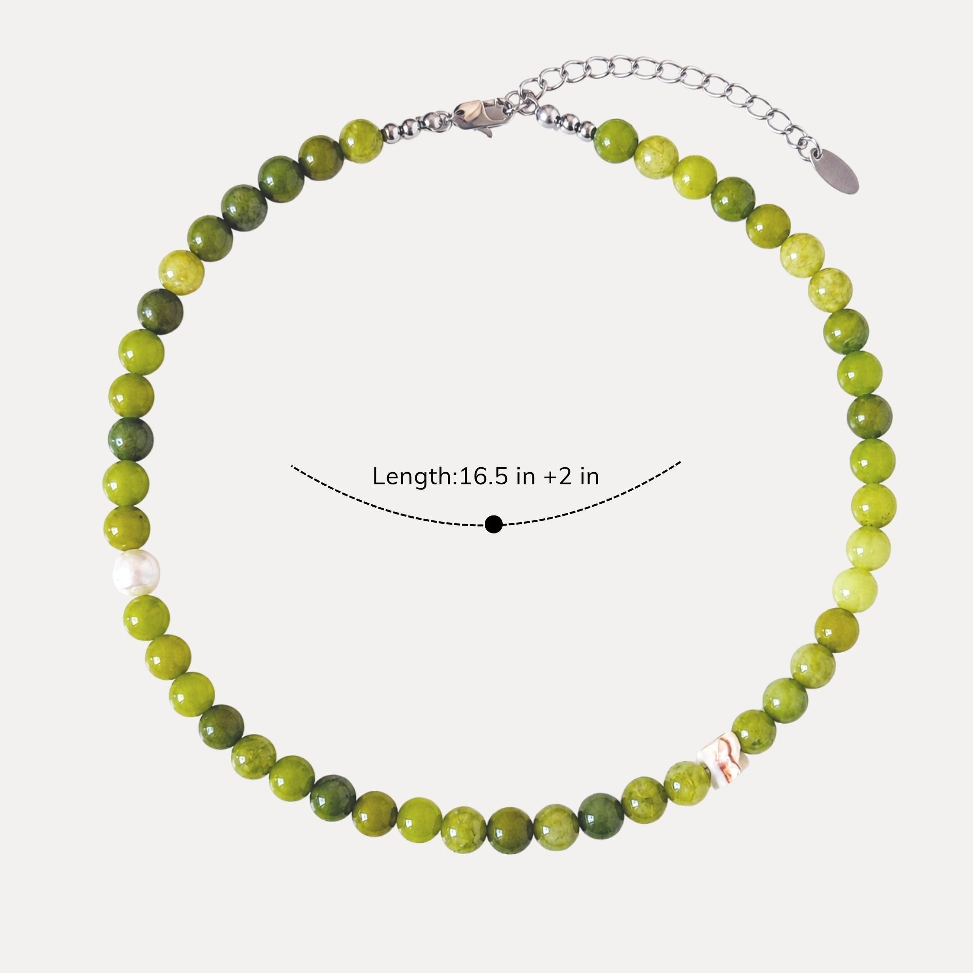 Olive green stone necklace shown with 16.5 inch length and 2 inch extender.