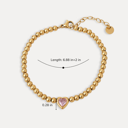 One Heart Bead Bracelet size guide showing approximately 6.88 inches plus a 2 inch extender and 0.28 inch heart detail