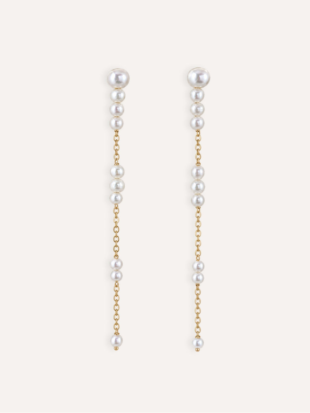 Pair of Pace long freshwater pearl earrings with delicate 14K gold-filled chains.