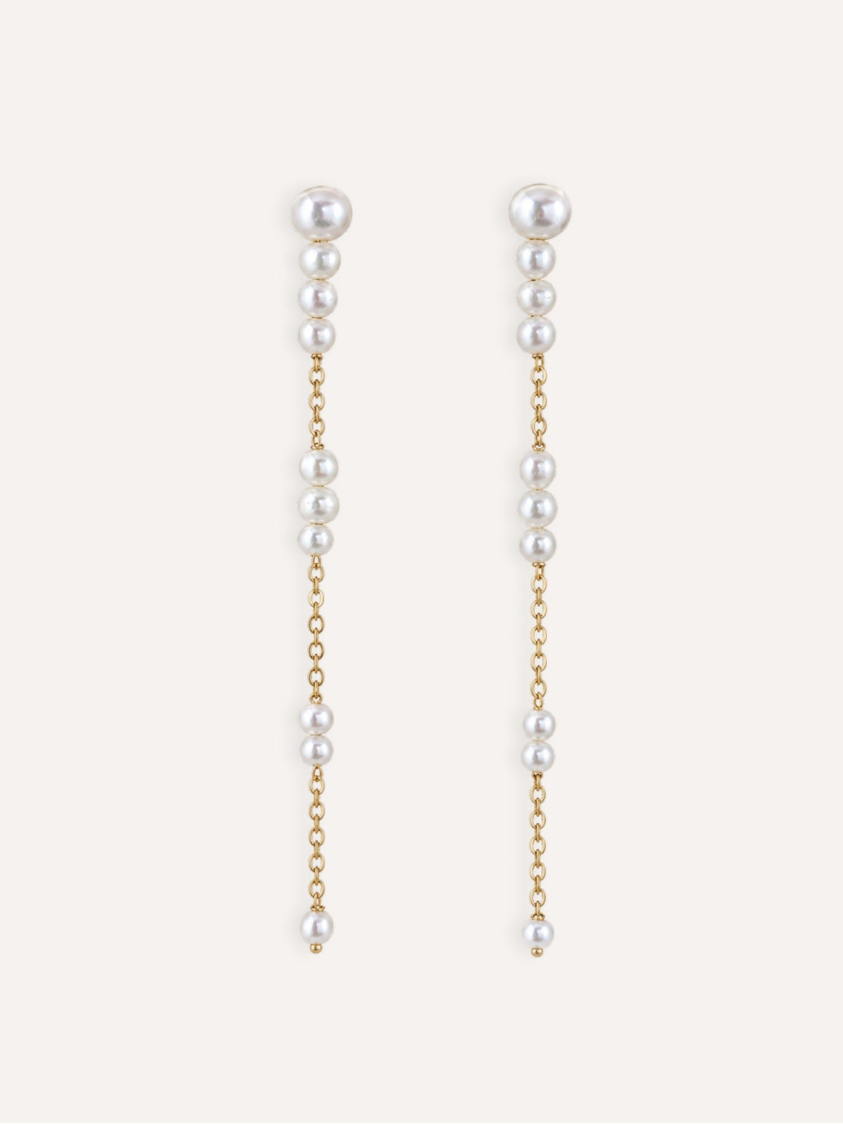 Pair of Pace long freshwater pearl earrings with delicate 14K gold-filled chains.