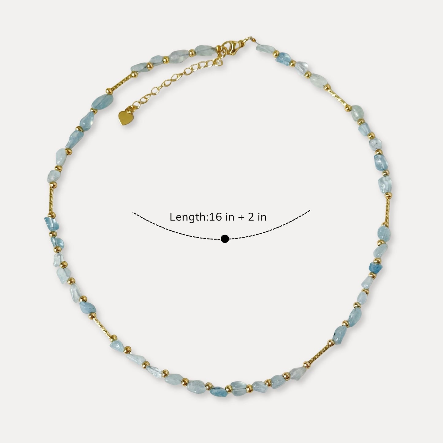 Adjustable pale blue stone necklace shown with a 16 inch length and 2 inch extender.